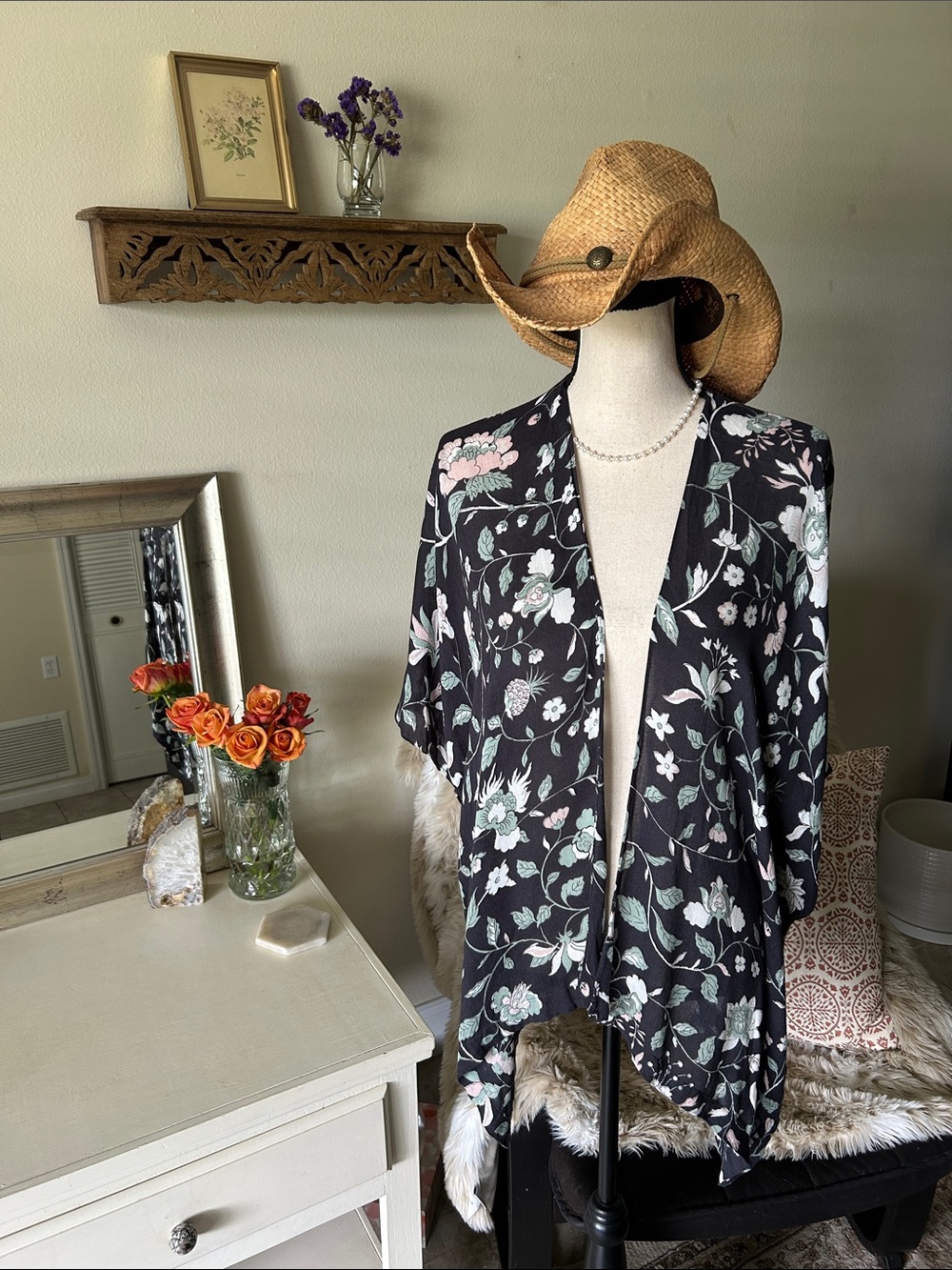 Loft grey floral boho open kimono cardigan OS XS small med